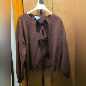 Women's Brown Cardigan with Black Velvet Bows
